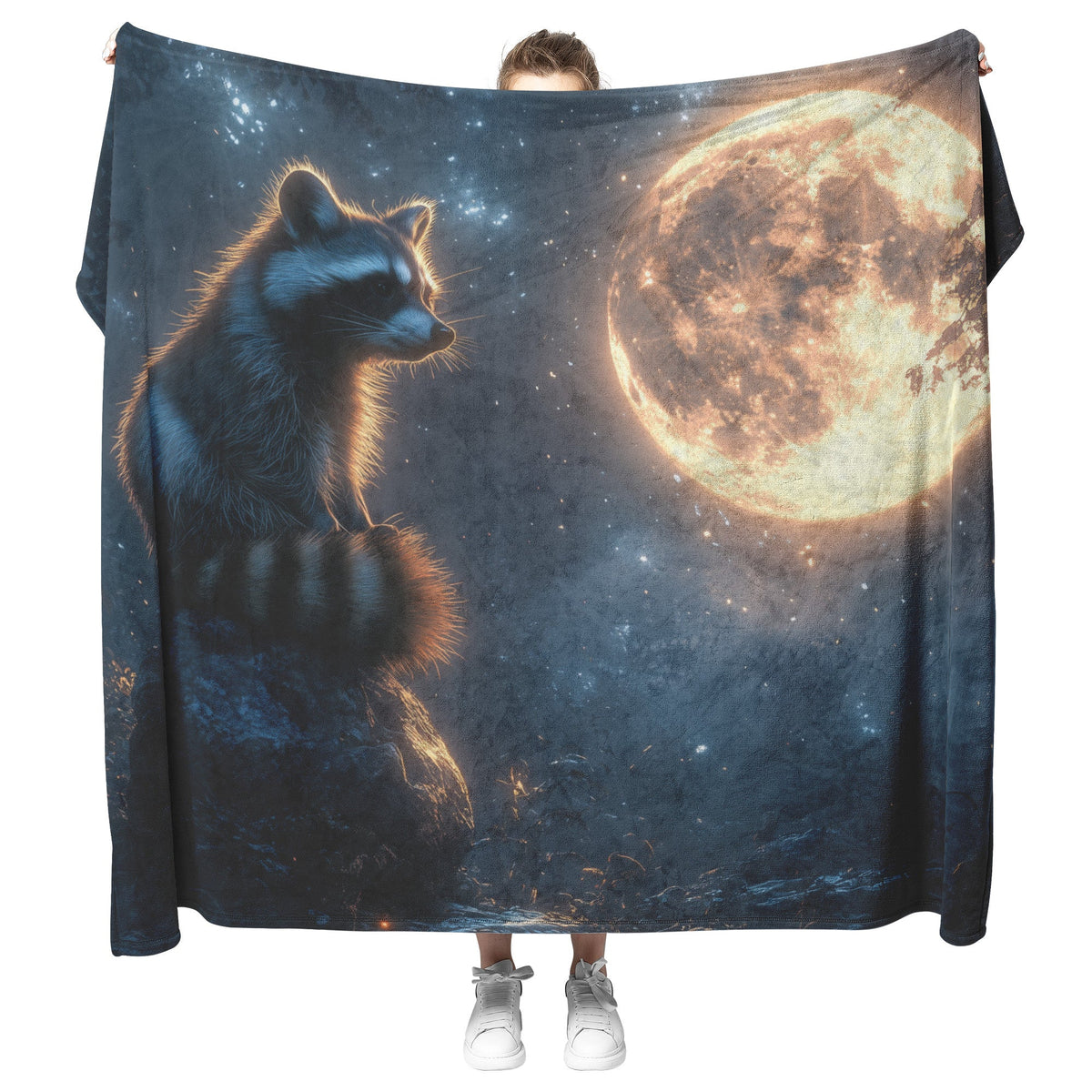 Raccoon on Glowing Stone in Forest Clearing Full Moon Peaceful Ethereal Fleece Sherpa Blanket - Awakening Righteousness