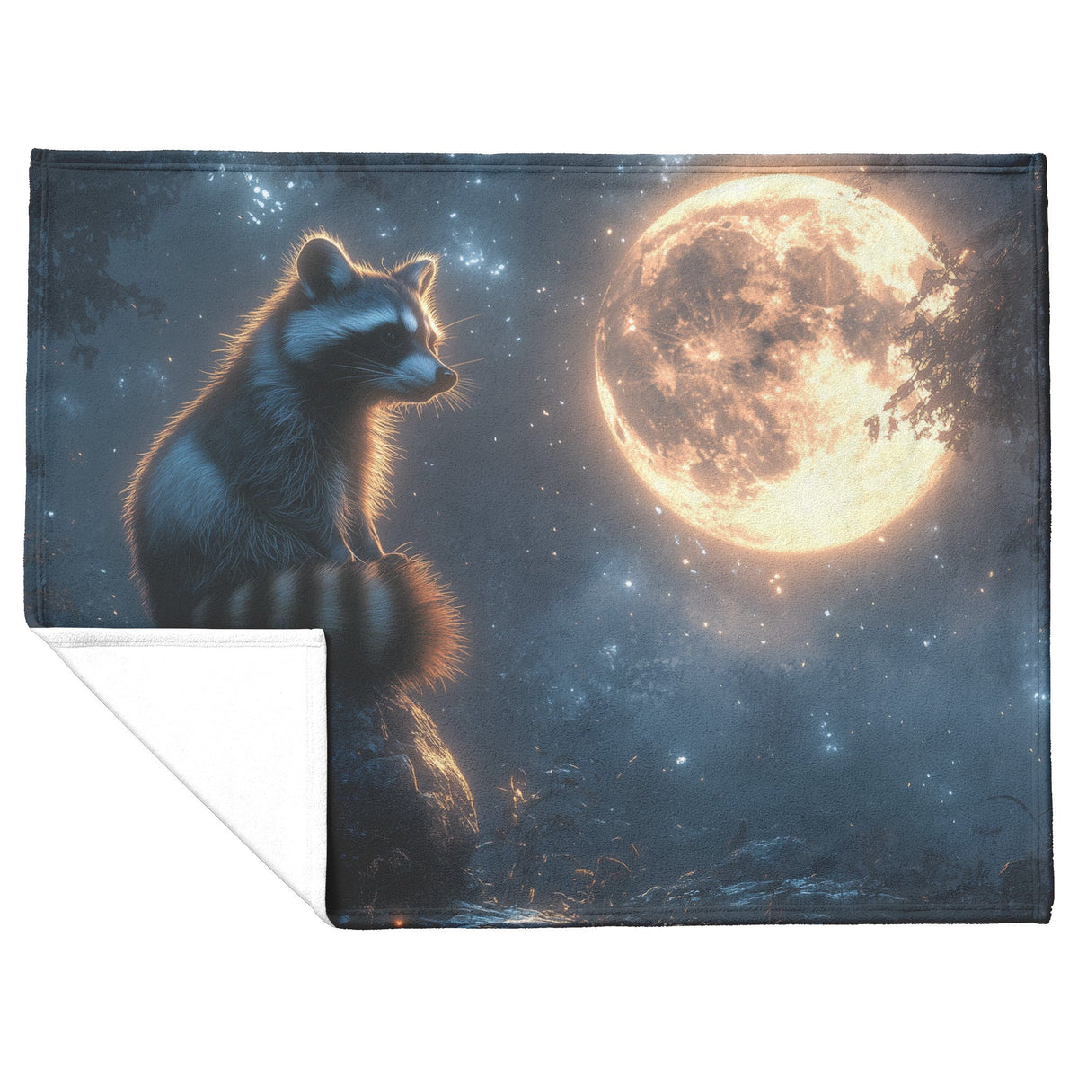 Raccoon on Glowing Stone in Forest Clearing Full Moon Peaceful Ethereal Fleece Sherpa Blanket - Awakening Righteousness
