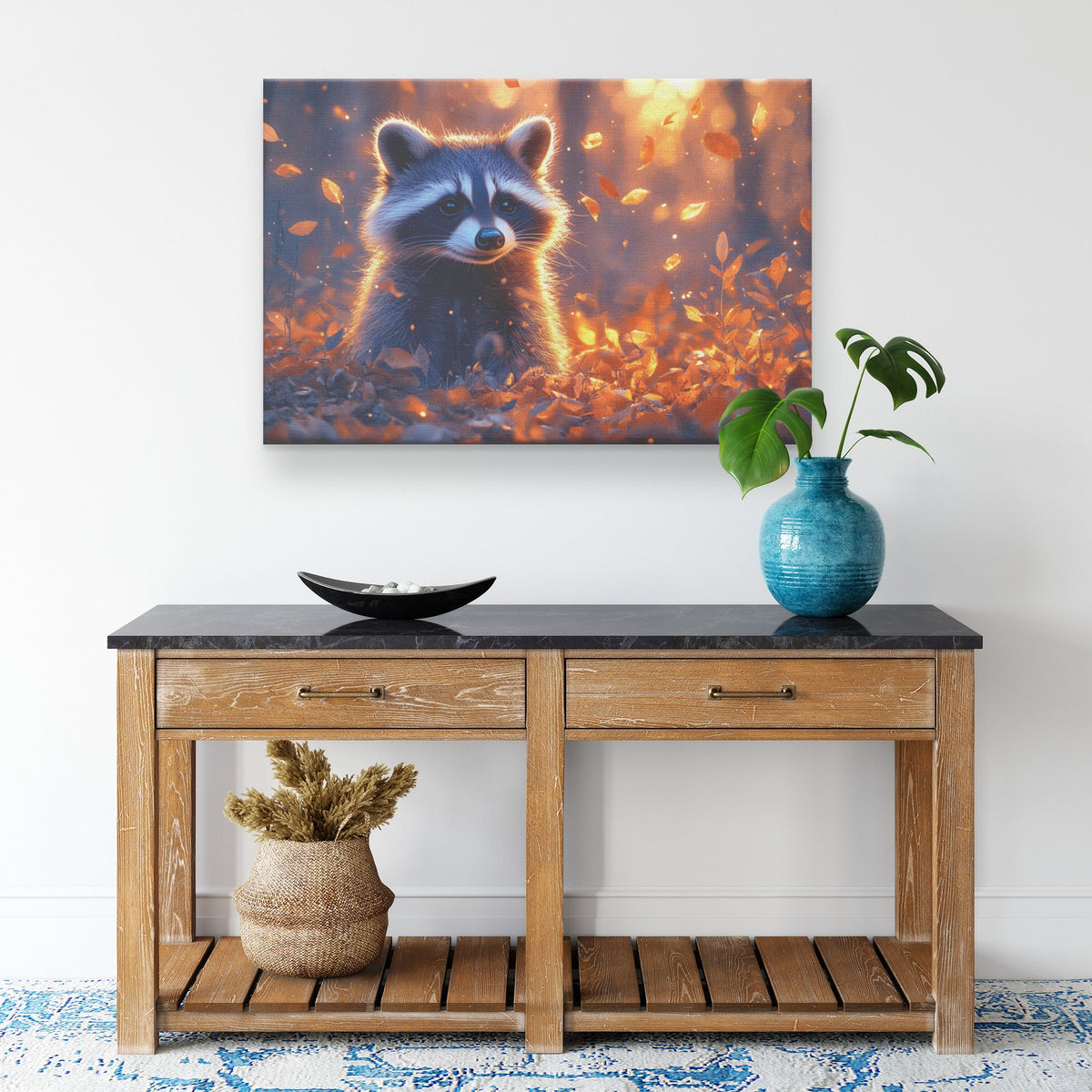 Raccoon Peeking from Glowing Grass in Magical Twilight Forest Intricate Fur and Luminous Highlights Canvas Wall Art - Awakening Righteousness