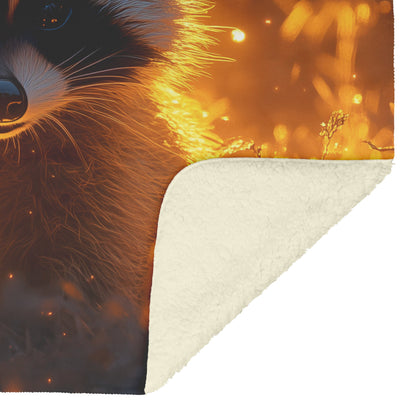 Raccoon Peeking from Glowing Grass in Twilight Forest Intricate Fur Luminous Highlights Fleece Sherpa Blanket - Awakening Righteousness