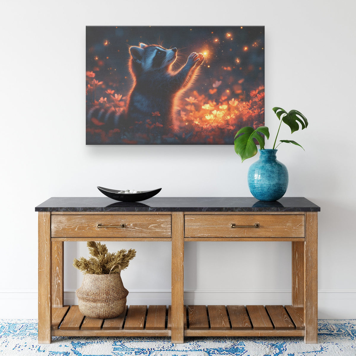 Raccoon Reaching Fireflies in Vibrant Twilight Meadow Canvas Wall Art Decor for Living Spaces - Awakening Righteousness