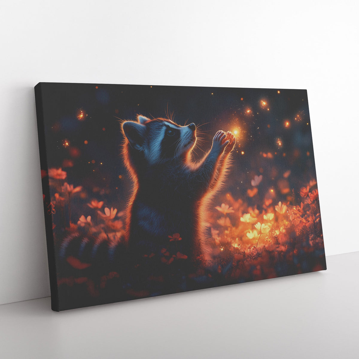 Raccoon Reaching Fireflies in Vibrant Twilight Meadow Canvas Wall Art Decor for Living Spaces - Awakening Righteousness