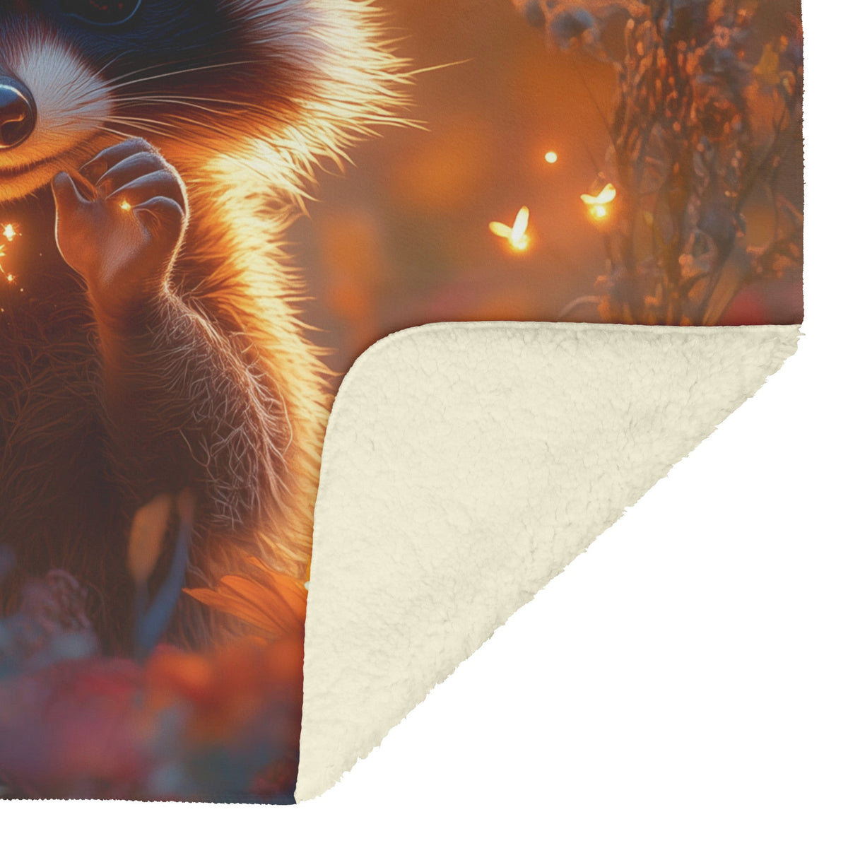 Raccoon Reaching for Fireflies in Glowing Meadow Twilight Hues Vibrant Magical Fleece Sherpa Blanket - Awakening Righteousness