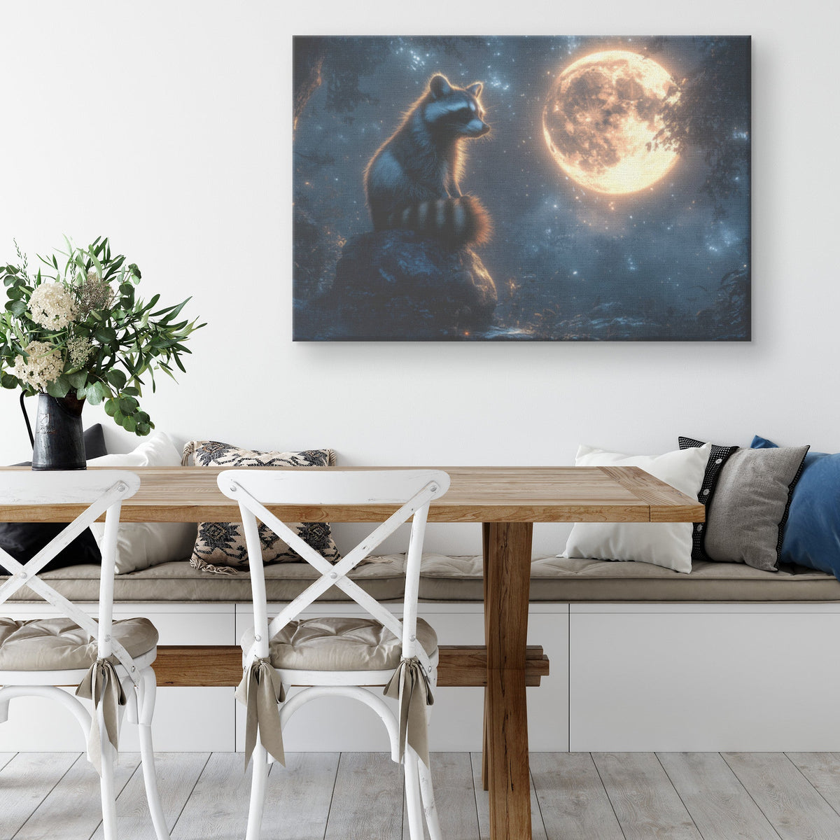 Raccoon Sitting Atop Glowing Stone in Forest Clearing Under Massive Full Moon Peaceful Ethereal Canvas Wall Art Decor - Awakening Righteousness