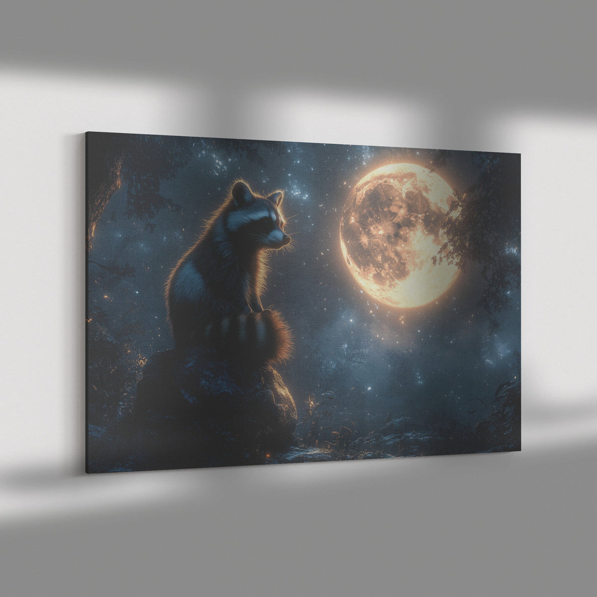 Raccoon Sitting Atop Glowing Stone in Forest Clearing Under Massive Full Moon Peaceful Ethereal Canvas Wall Art Decor - Awakening Righteousness