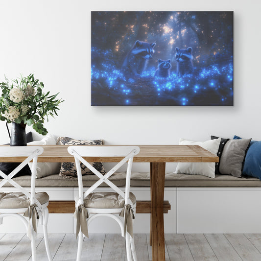 Raccoons Exploring a Magical Bioluminescent Forest under Twilight Glow with Blue Plants Mist Canvas Wall Art Decor - Awakening Righteousness