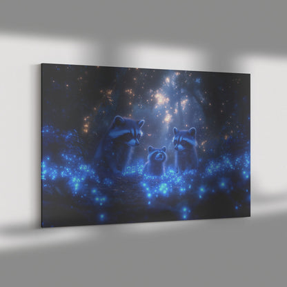 Raccoons Exploring a Magical Bioluminescent Forest under Twilight Glow with Blue Plants Mist Canvas Wall Art Decor - Awakening Righteousness