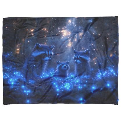 Raccoons Exploring Magical Bioluminescent Forest Glowing Blue Plants Twilight Sky Fleece Sherpa Blanket - Awakening Righteousness