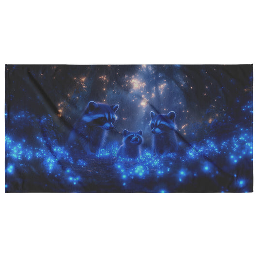 Raccoons Exploring Magical Bioluminescent Forest with Glowing Blue Plants Under Twilight Sky Beach Towel - Awakening Righteousness