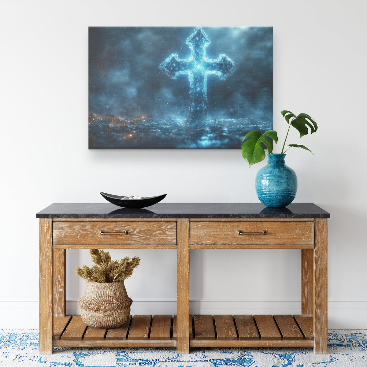 Radiant Blue Crystal Cross in Misty Celestial Atmosphere Canvas Wall Art for Inspirational Christian Home Decor - Awakening Righteousness