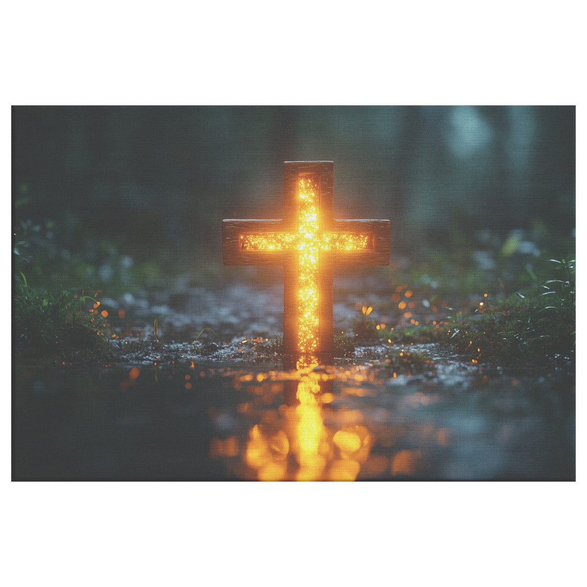 Radiant Cross in Forest Reflection Christian Canvas Wall Art Decor Illuminating Faith and Tranquility - Awakening Righteousness