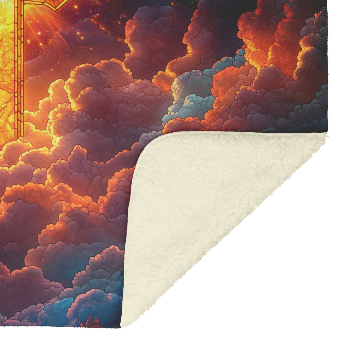 Radiant Cross in Glowing Clouds Stained Glass Design Fleece Sherpa Blanket Christian Home Decor for Comfort and Faith - Awakening Righteousness