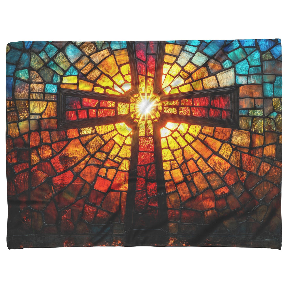 Radiant Cross Sherpa Blanket Vibrant Stained Glass Christian Home Decor Inspirational Faithful Comfort - Awakening Righteousness