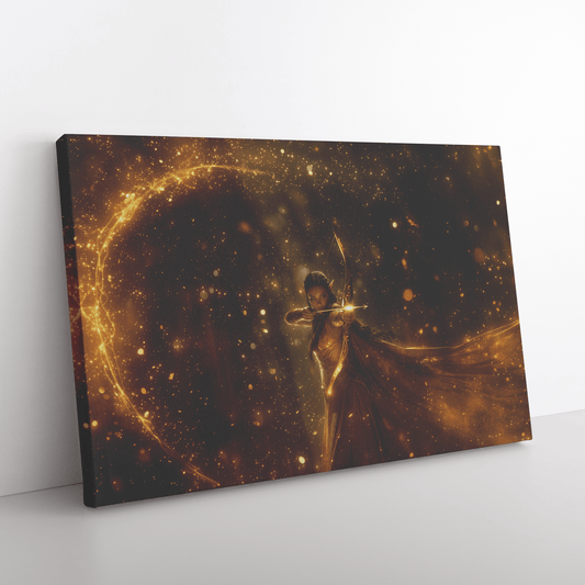 Radiant Female Night Elf Hunter Aiming Glowing Bow Surrounded by Golden Mist and Silver Light WoW Canvas Wall Art - Awakening Righteousness