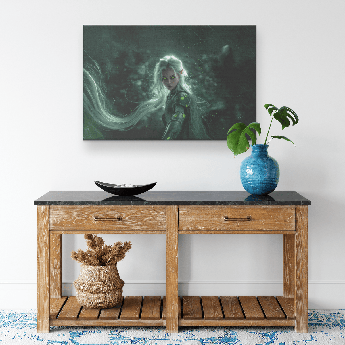 Radiant Female Night Elf Paladin in Silver Armor Glowing Green Runes Shimmering Textures Light Trails Canvas Wall Art - Awakening Righteousness