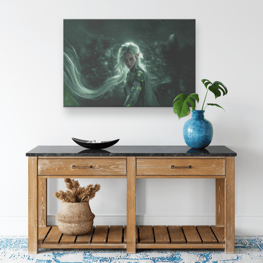 Radiant Female Night Elf Paladin in Silver Armor Glowing Green Runes Shimmering Textures Light Trails Canvas Wall Art - Awakening Righteousness