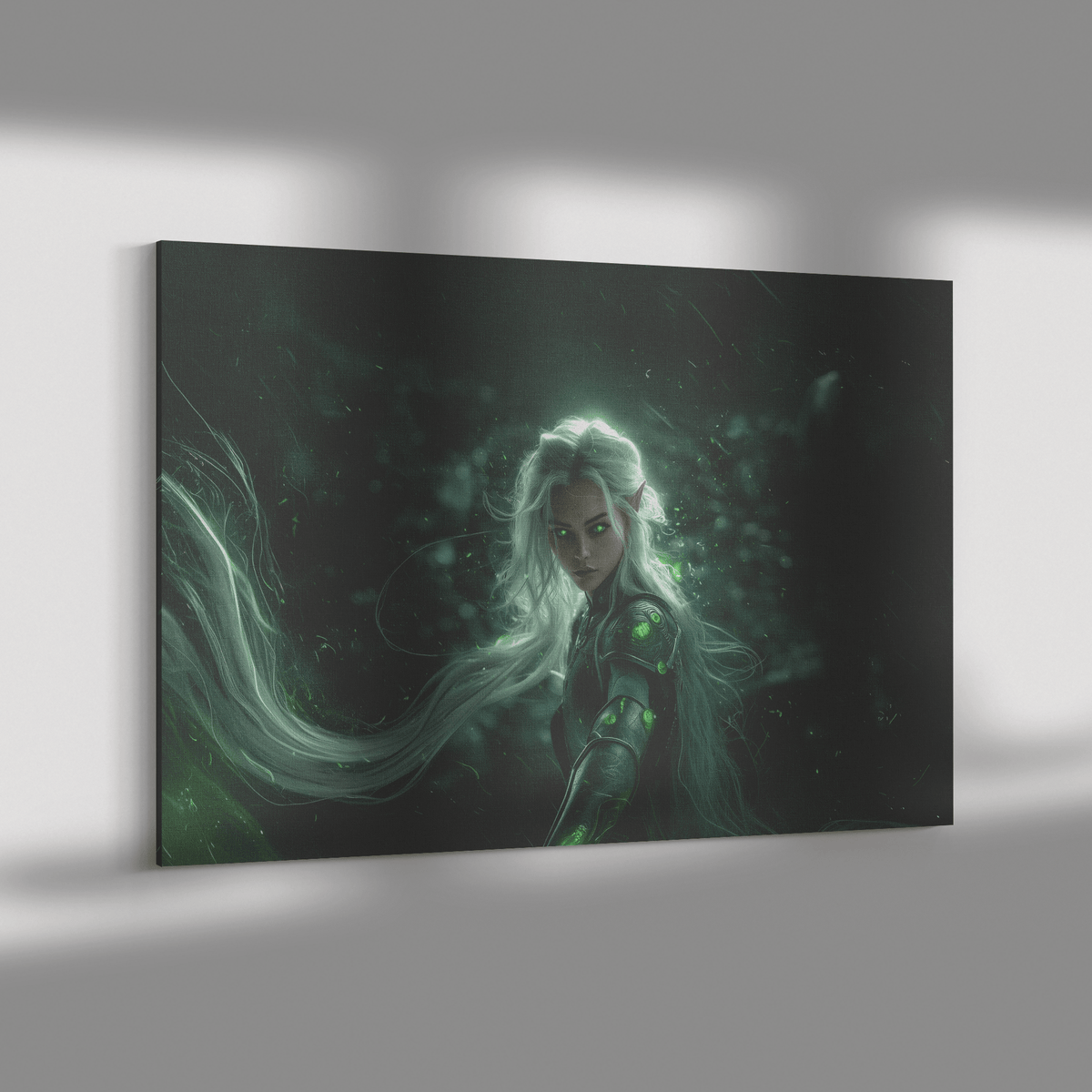 Radiant Female Night Elf Paladin in Silver Armor Glowing Green Runes Shimmering Textures Light Trails Canvas Wall Art - Awakening Righteousness