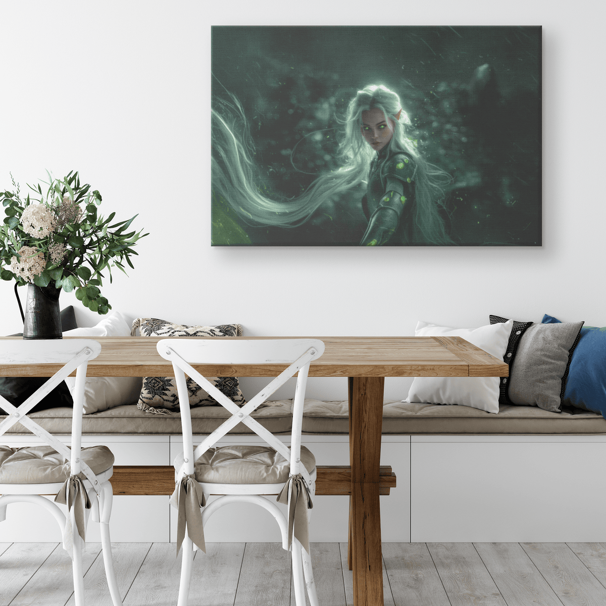 Radiant Female Night Elf Paladin in Silver Armor Glowing Green Runes Shimmering Textures Light Trails Canvas Wall Art - Awakening Righteousness