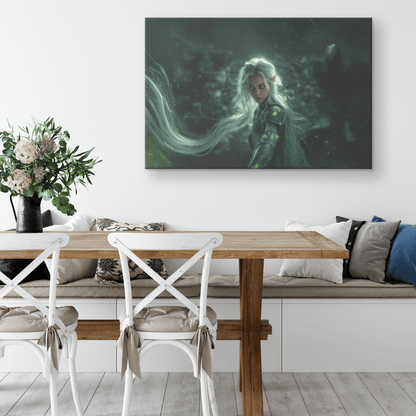 Radiant Female Night Elf Paladin in Silver Armor Glowing Green Runes Shimmering Textures Light Trails Canvas Wall Art - Awakening Righteousness