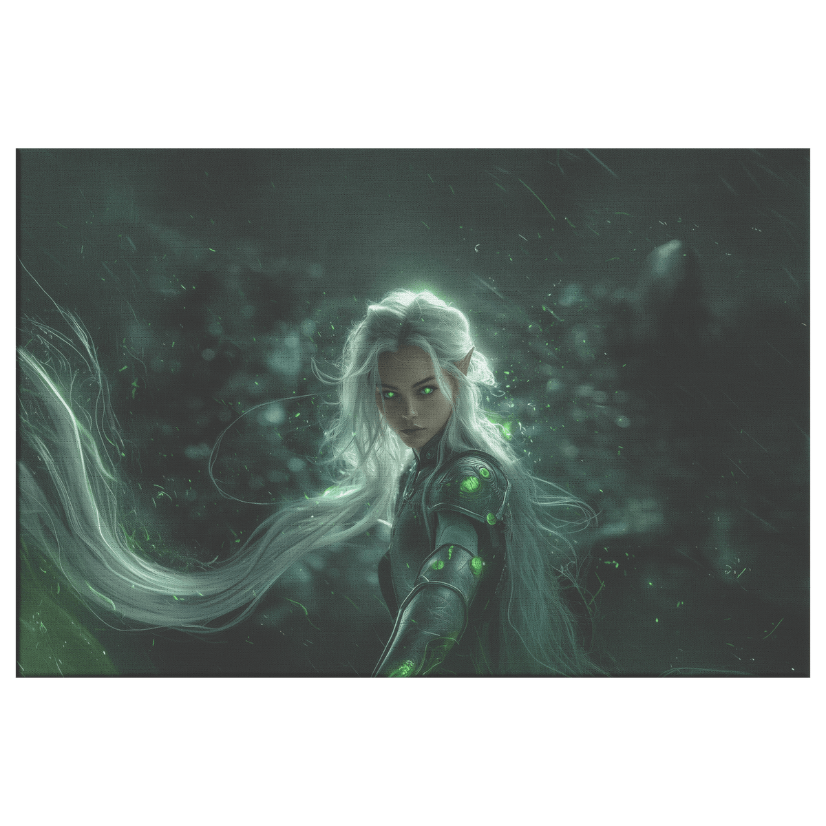 Radiant Female Night Elf Paladin in Silver Armor Glowing Green Runes Shimmering Textures Light Trails Canvas Wall Art - Awakening Righteousness