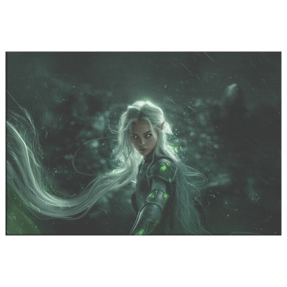 Radiant Female Night Elf Paladin in Silver Armor Glowing Green Runes Shimmering Textures Light Trails Canvas Wall Art - Awakening Righteousness