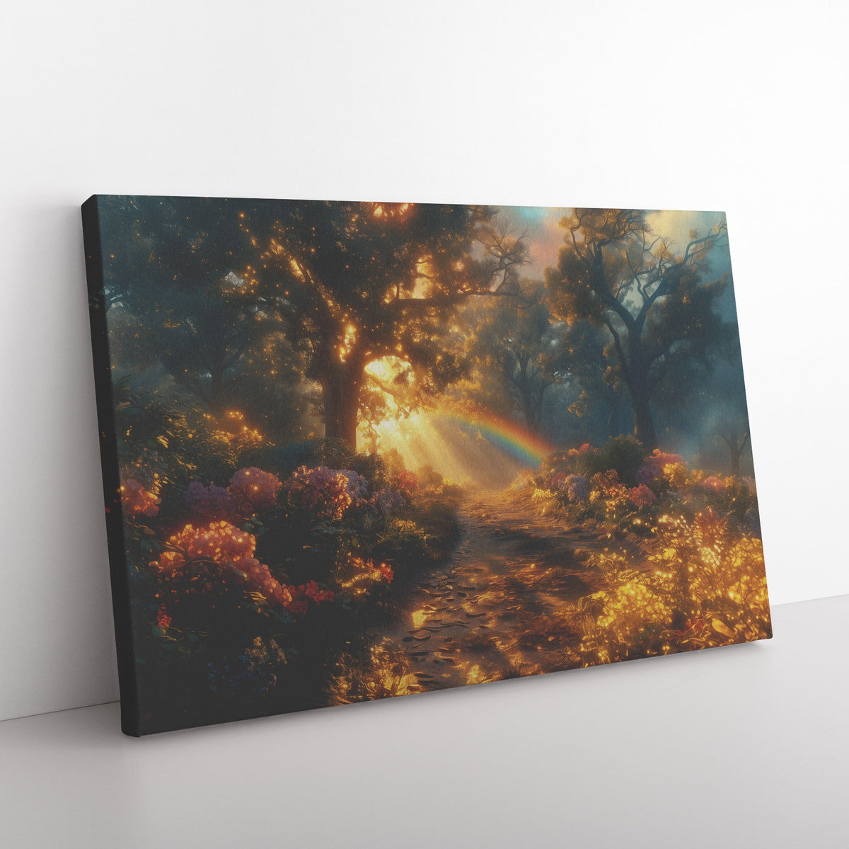 Radiant Rainbow Glowing Above Mystical Forest Path Enchanted Flowers Golden Sunlight Ethereal Canvas Wall Art - Awakening Righteousness
