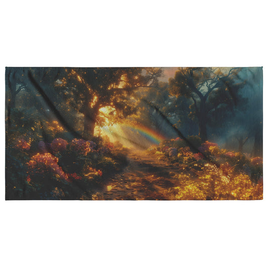 Radiant Rainbow Glowing Above Mystical Forest Path Ethereal Light Glowing Trees Enchanted Flowers Golden Sunlight - Awakening Righteousness