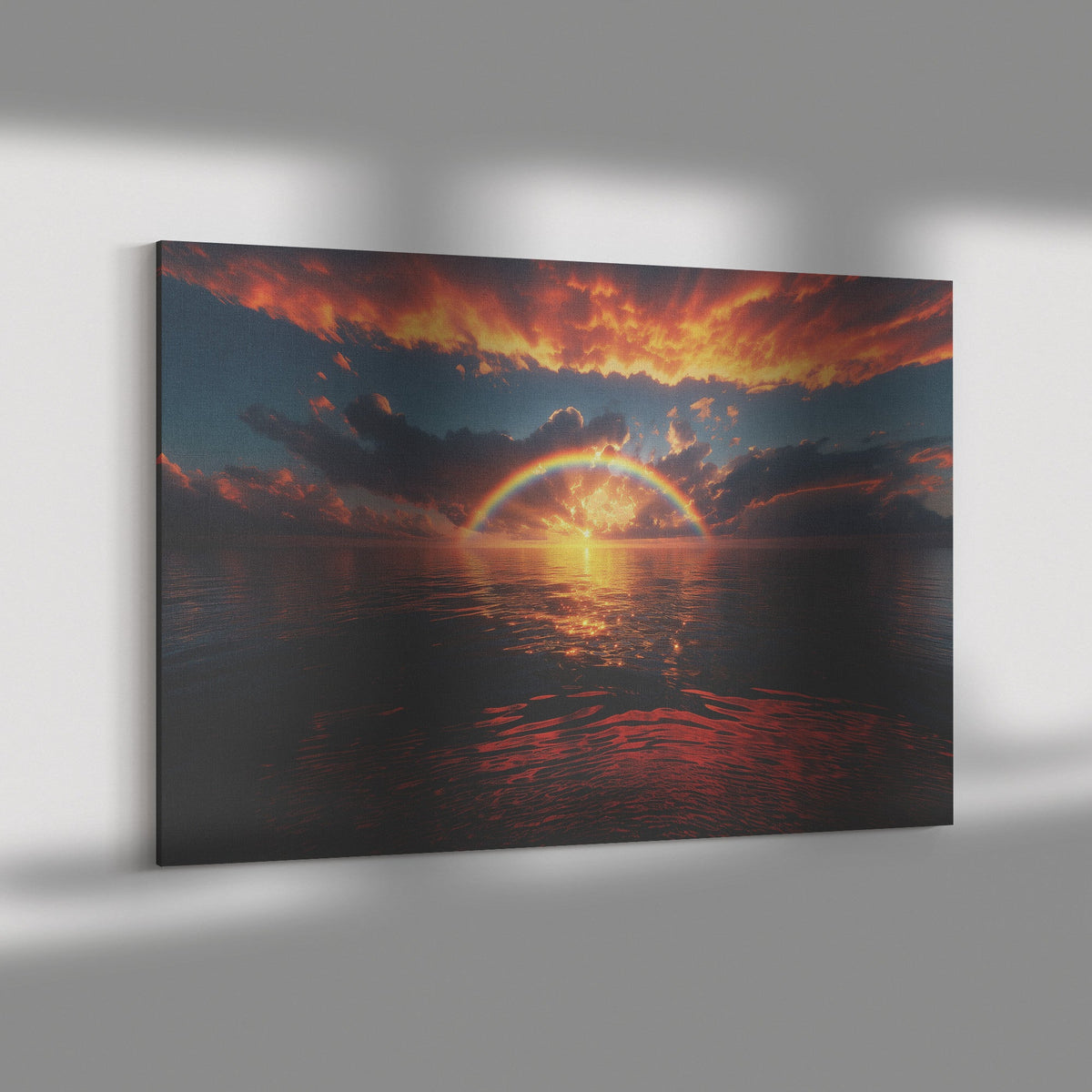 Radiant Rainbow Golden Light Dramatic Ocean Horizon Sparkling Waves Glowing Clouds Sunset Beams Canvas Wall Art - Awakening Righteousness