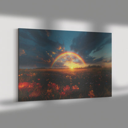Radiant Rainbow Golden Light Ocean Horizon Sparkling Waves Sunset Beams Glowing Clouds Scenic Canvas Wall Art - Awakening Righteousness