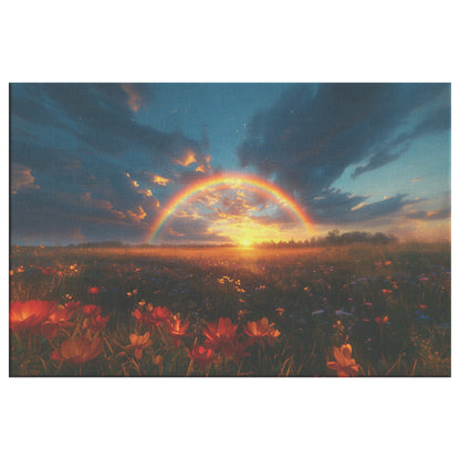 Radiant Rainbow Golden Light Ocean Horizon Sparkling Waves Sunset Beams Glowing Clouds Scenic Canvas Wall Art - Awakening Righteousness