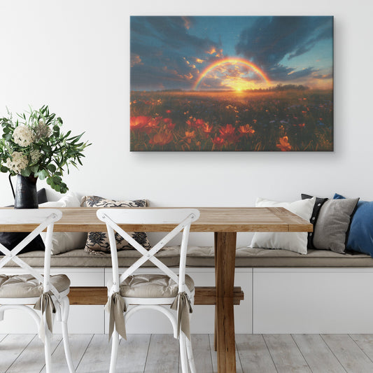 Radiant Rainbow Golden Light Ocean Horizon Sparkling Waves Sunset Beams Glowing Clouds Scenic Canvas Wall Art - Awakening Righteousness
