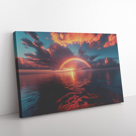 Radiant Rainbow Golden Light Ocean Horizon Sparkling Waves Sunset Glow Clouds Beams Canvas Wall Art Decor - Awakening Righteousness
