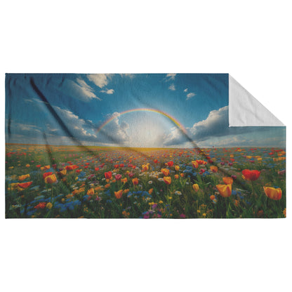 Radiant Rainbow Over Colorful Flower Meadow Vibrant Tulips Daisies Wildflowers Glowing Sunlight Natural Scenery - Awakening Righteousness