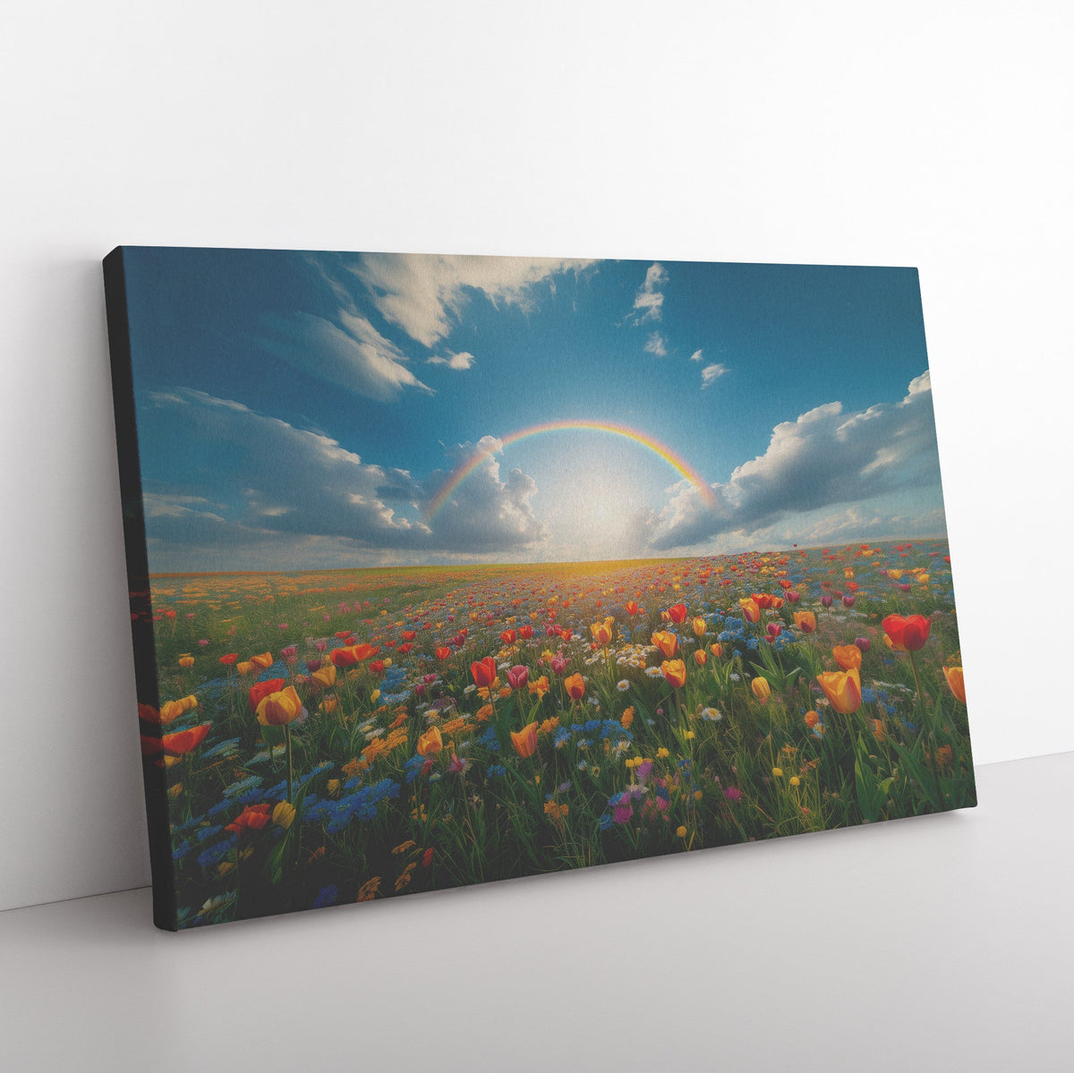 Radiant Rainbow Over Flower Meadow Vibrant Tulips Daisies Wildflowers Glowing Sunlight Canvas Wall Art - Awakening Righteousness