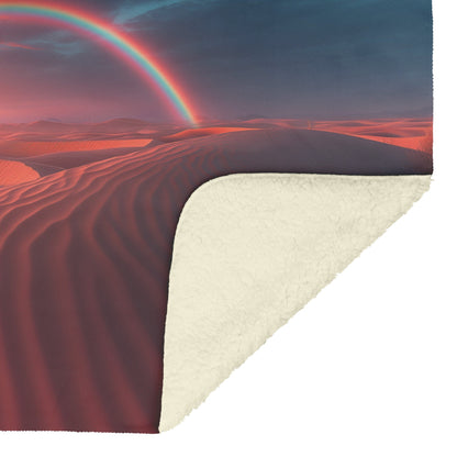 Radiant Rainbow Over Golden Desert Dunes at Sunset Glowing Sand Orange and Pink Skies Fleece Sherpa Blanket - Awakening Righteousness
