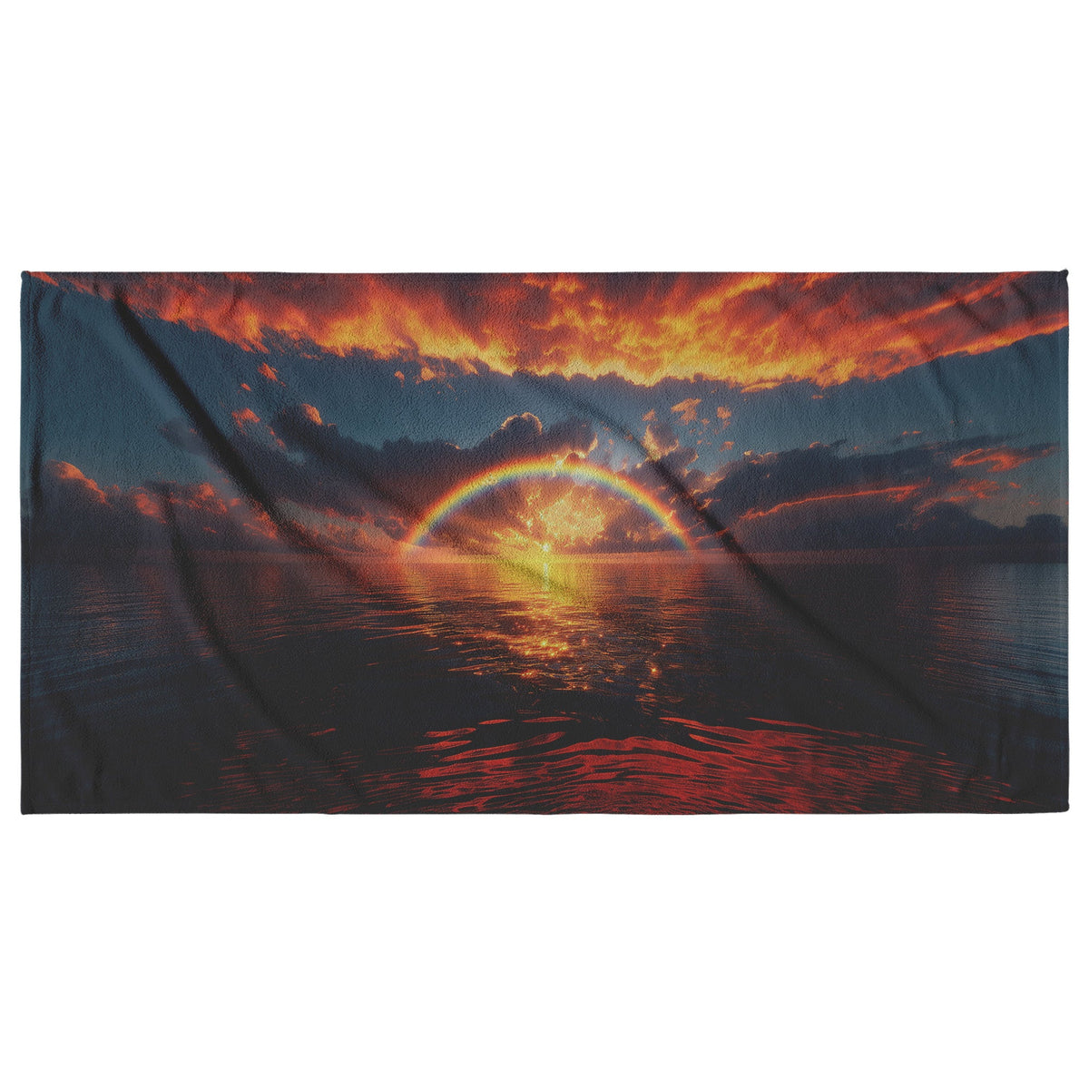 Radiant Rainbow with Golden Light Over Ocean Horizon Sparkling Waves Glowing Clouds Sunset Beams of Light Scenic Towel - Awakening Righteousness