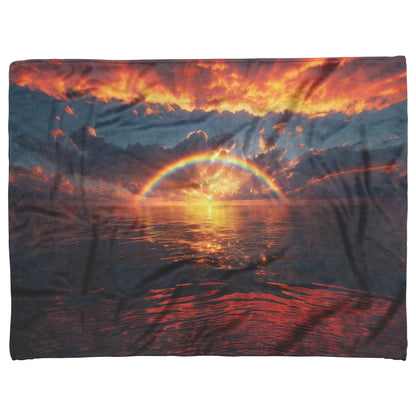 Radiant Rainbow with Golden Light Over Ocean Horizon Sparkling Waves Glowing Clouds Sunset Fleece Sherpa Blanket - Awakening Righteousness