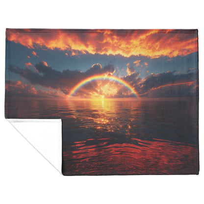 Radiant Rainbow with Golden Light Over Ocean Horizon Sparkling Waves Glowing Clouds Sunset Fleece Sherpa Blanket - Awakening Righteousness
