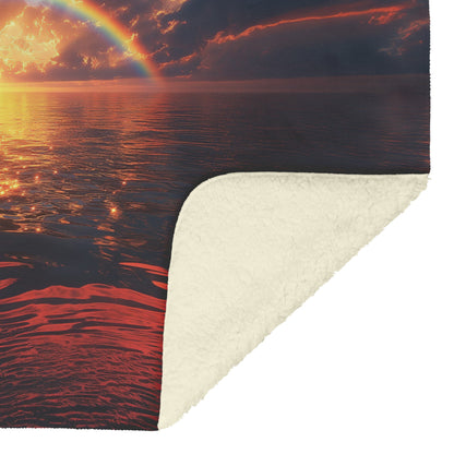 Radiant Rainbow with Golden Light Over Ocean Horizon Sparkling Waves Glowing Clouds Sunset Fleece Sherpa Blanket - Awakening Righteousness