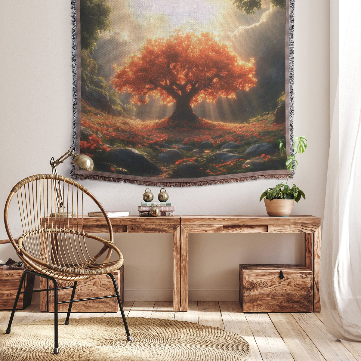 Radiant Red Tree in Sunlit Meadow Woven Throw Blanket - Awakening Righteousness