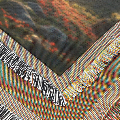 Radiant Red Tree in Sunlit Meadow Woven Throw Blanket - Awakening Righteousness
