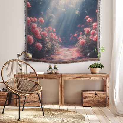 Radiant Rose Garden Woven Throw Blanket Romantic Sunlit Floral Path Decor for Home or Gift - Awakening Righteousness