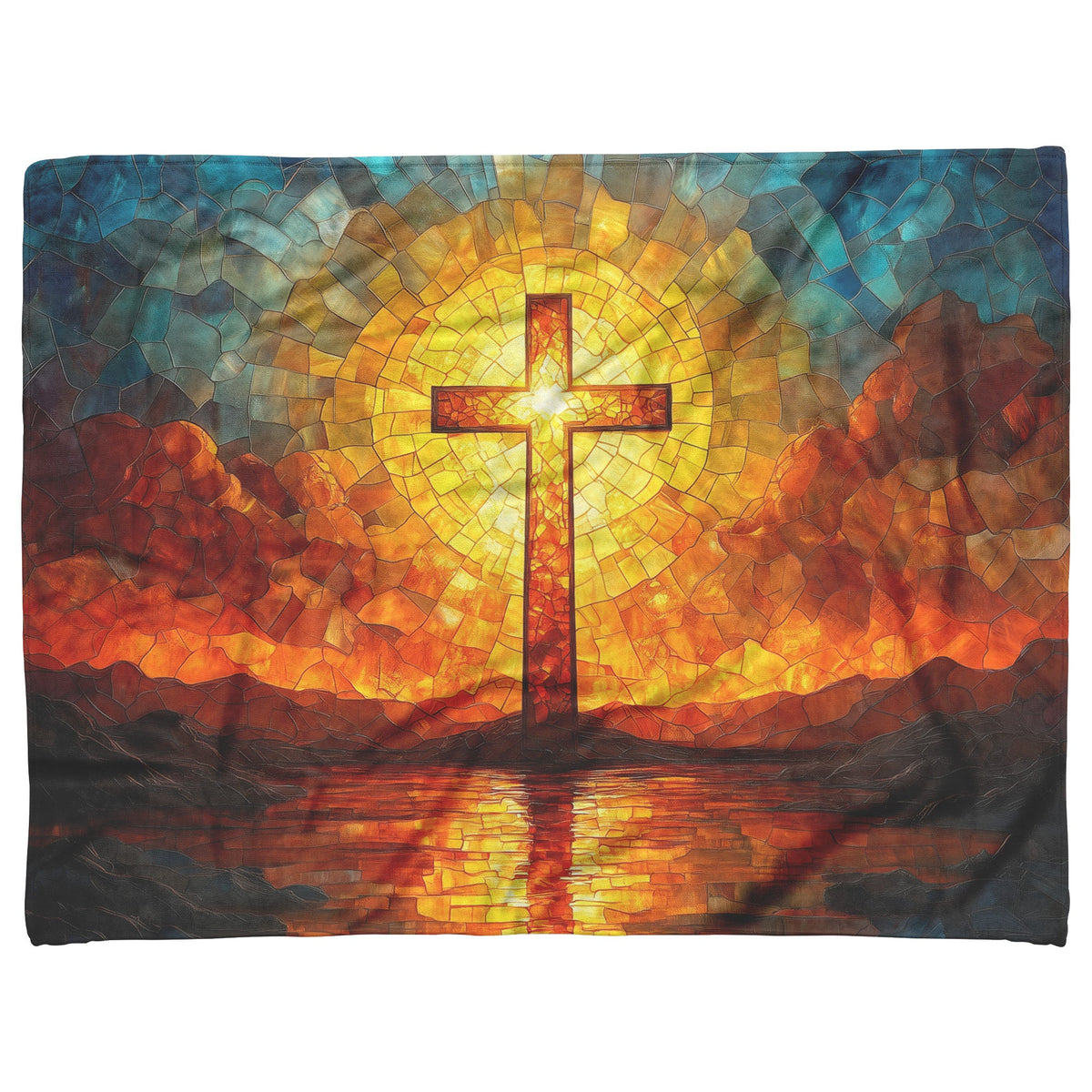 Radiant Stained Glass Cross Fleece Blanket Glorious Sunrise Reflection Christian Inspiration Cozy Home Decor - Awakening Righteousness