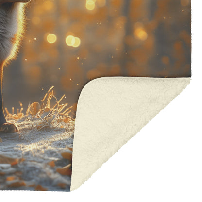Red Fox Glowing in Golden Morning Sunlight on Forest Trail Misty Trees Fleece Sherpa Blanket - Awakening Righteousness