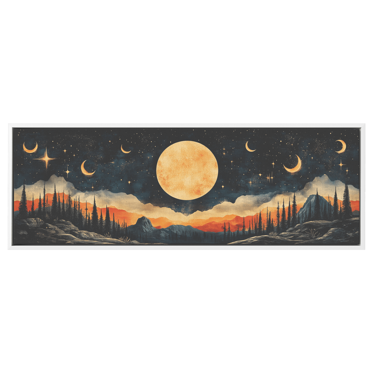 Retro Modern Pattern Crescent Moons Constellations Geometric Arches Desert Tones Ultra High Definition Panoramic Framed Canvas Wall Art - Awakening Righteousness