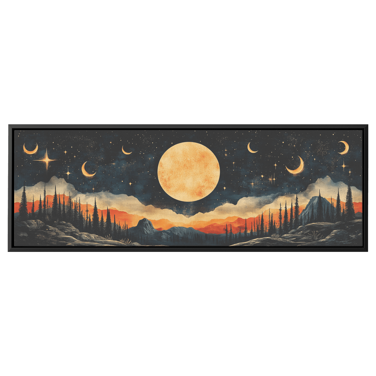Retro Modern Pattern Crescent Moons Constellations Geometric Arches Desert Tones Ultra High Definition Panoramic Framed Canvas Wall Art - Awakening Righteousness