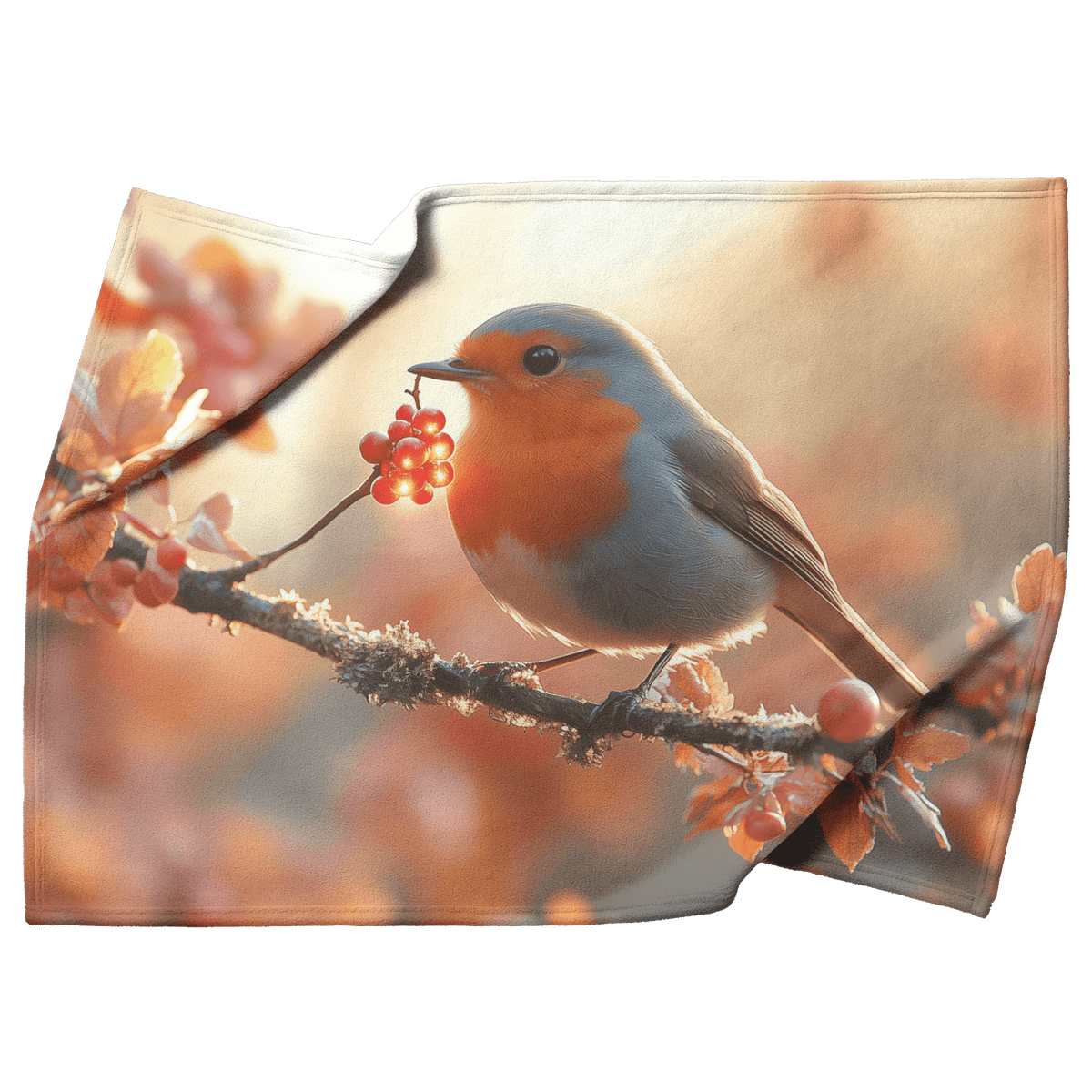 Robin Holding Glowing Berry Perched on Mossy Branch Surrounded by Shimmering Autumn Leaves Under Soft Light Fleece Sherpa Blanket - Awakening Righteousness