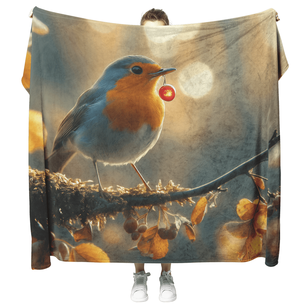 Robin Holding Glowing Berry Perched on Mossy Branch Surrounded by Shimmering Autumn Leaves Under Soft Light Fleece Sherpa Blanket - Awakening Righteousness