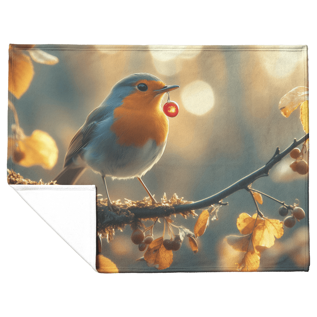 Robin Holding Glowing Berry Perched on Mossy Branch Surrounded by Shimmering Autumn Leaves Under Soft Light Fleece Sherpa Blanket - Awakening Righteousness