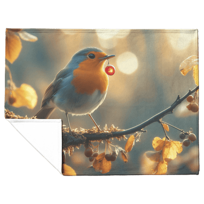 Robin Holding Glowing Berry Perched on Mossy Branch Surrounded by Shimmering Autumn Leaves Under Soft Light Fleece Sherpa Blanket - Awakening Righteousness